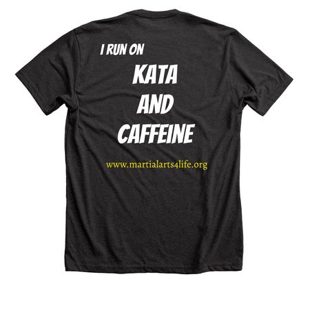 Kata and Caffeine, a Dark Grey Heather Premium Unisex Tee (back-view)