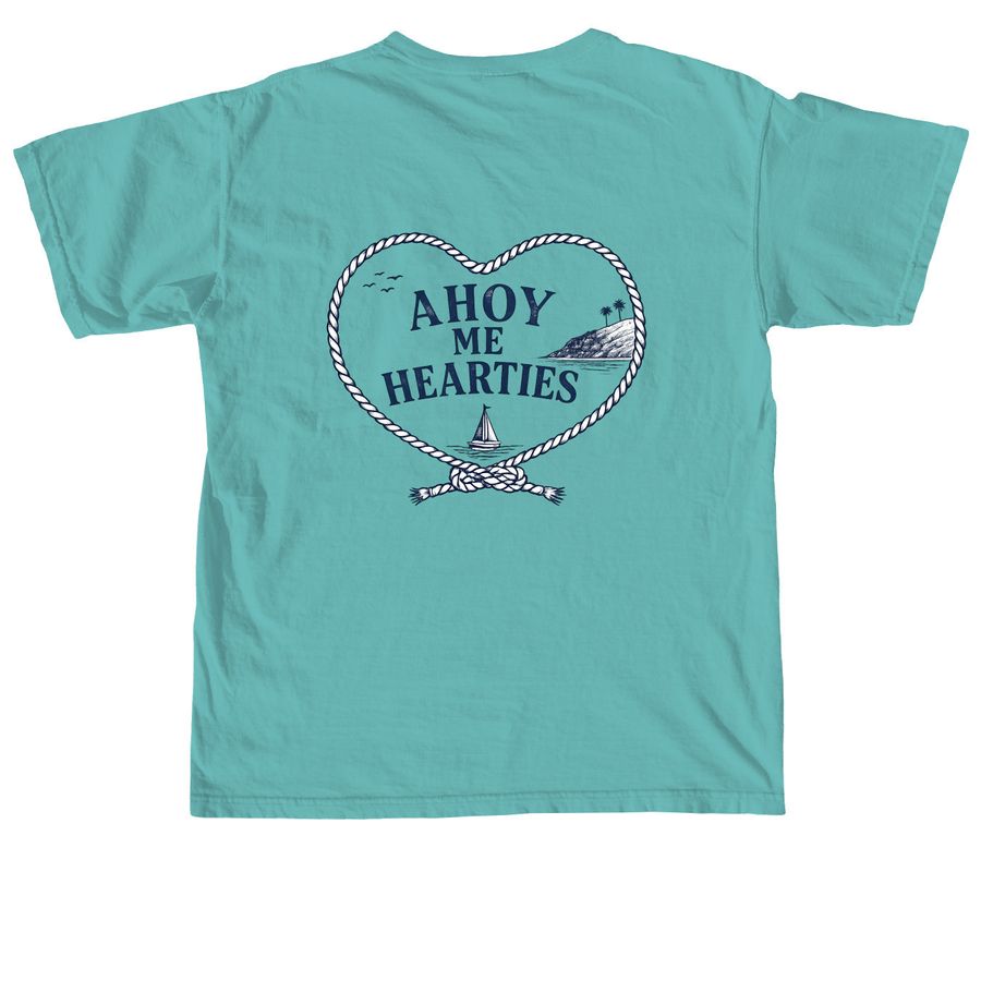Ahoy Me Hearties, a Seafoam Comfort Colors Unisex Tee (back-view)