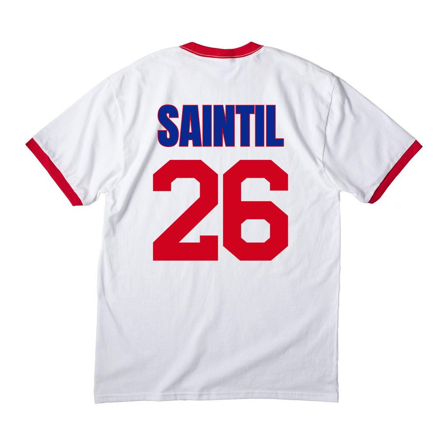 Saintil, a White/ Red Cotton Ringer Tee (back-view)