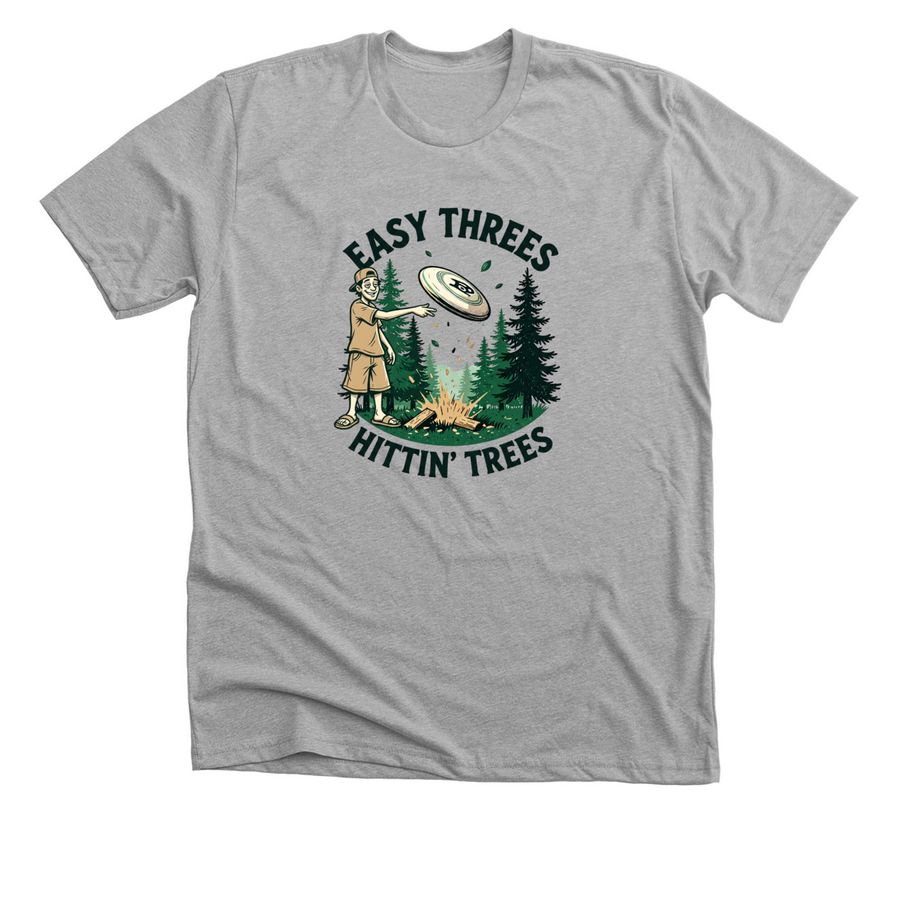 Easy Threes, Hittin' Trees Disc Golf Team, a Athletic Heather Premium Unisex Tee