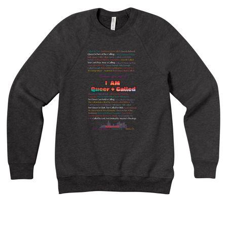 I AM QUEER + CALLED, a Dark Grey Heather Premium Raglan Crewneck Sweatshirt