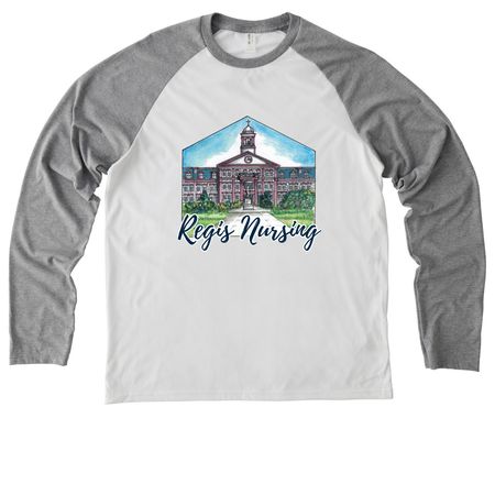 Regis Nursing Illustrated Design, a Aluminum Grey/ Bright White Allmade Eco Triblend Colorblock Raglan Long Sleeve Tee