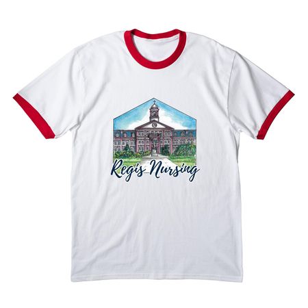 Regis Nursing Illustrated Design, a White/ Red Cotton Ringer Tee
