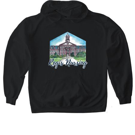 Regis Nursing Illustrated Design, a Black Gildan Softstyle Pullover Hoodie