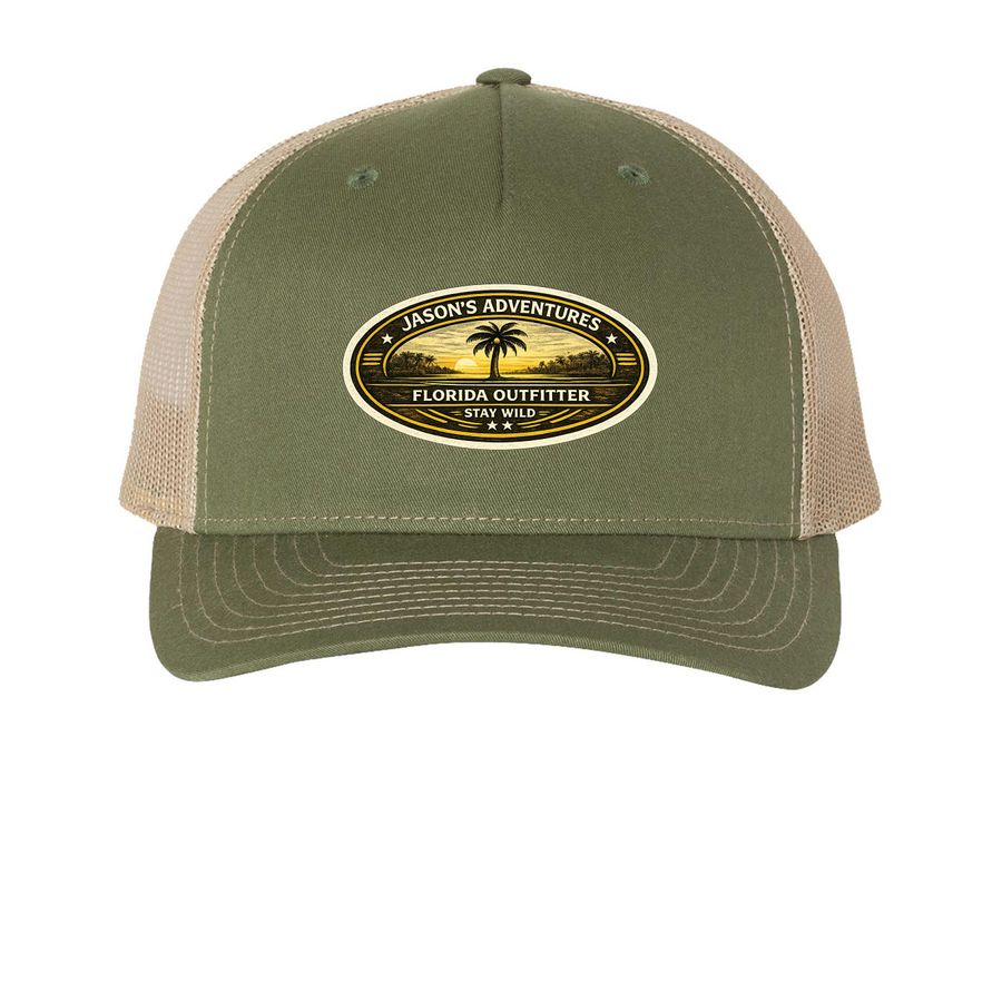 Backwater Collection Hat FL Outfitter, a Army Olive Green/ Tan Printed Five-Panel Trucker Cap