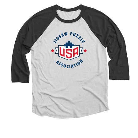 USA Jigsaw Puzzle Association, a Black and Heather White 3/4 Sleeve Baseball Tee
