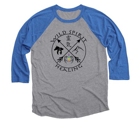 Wild Spirit Healing | Black Logo Collection, a Vintage Royal and Premium Heather 3/4 Sleeve Baseball Tee