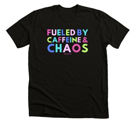 Fueled by Caffeine & Chaos Tee, a Black Heather Premium Unisex Tee