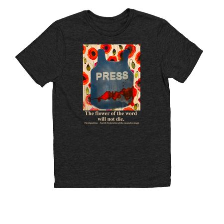 Press: The flower of the word will not die., a Space Black Allmade Youth Eco Triblend Tee