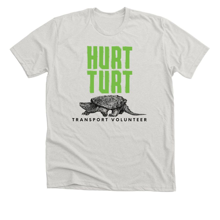 Turtle Transport Volunteer Tee, Green Logo, a Heather Cement Premium Unisex Tee