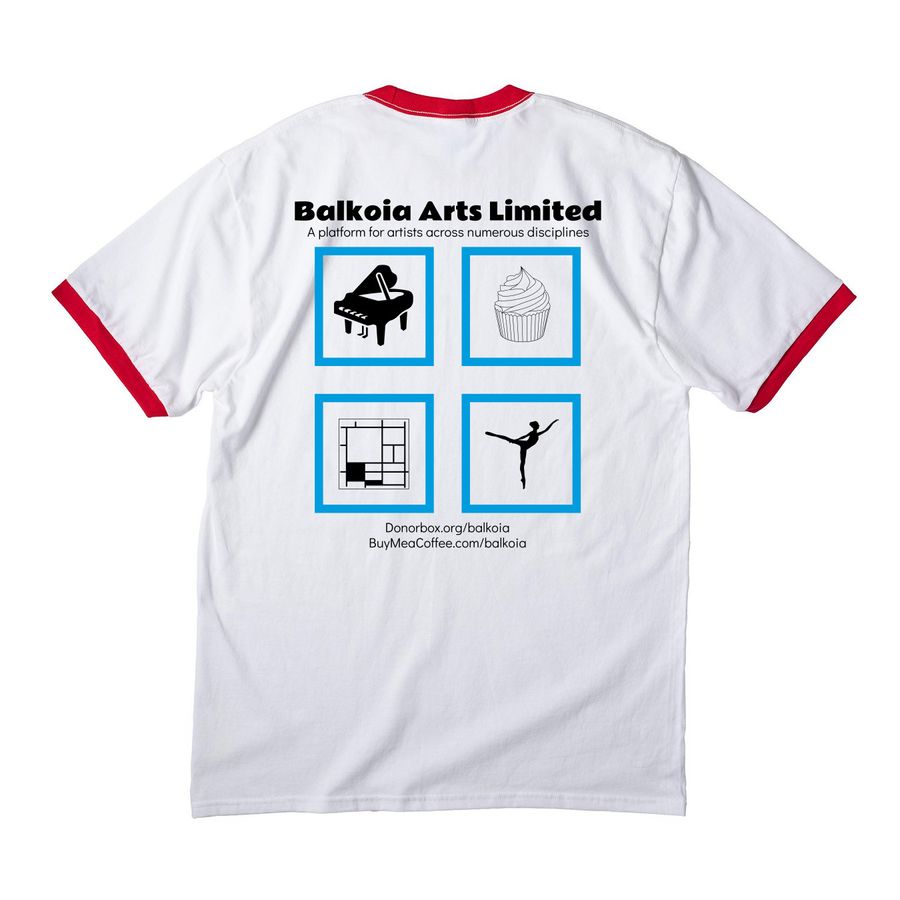 Balkoia Arts Limited -Tees & Sweatshirts, a White/ Red Cotton Ringer Tee (back-view)