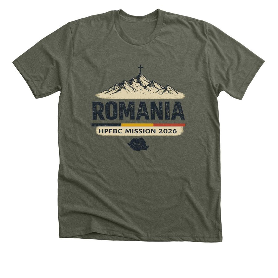 MISSION TO ROMANIA 2026, a Heather Military Green Premium Unisex Tee