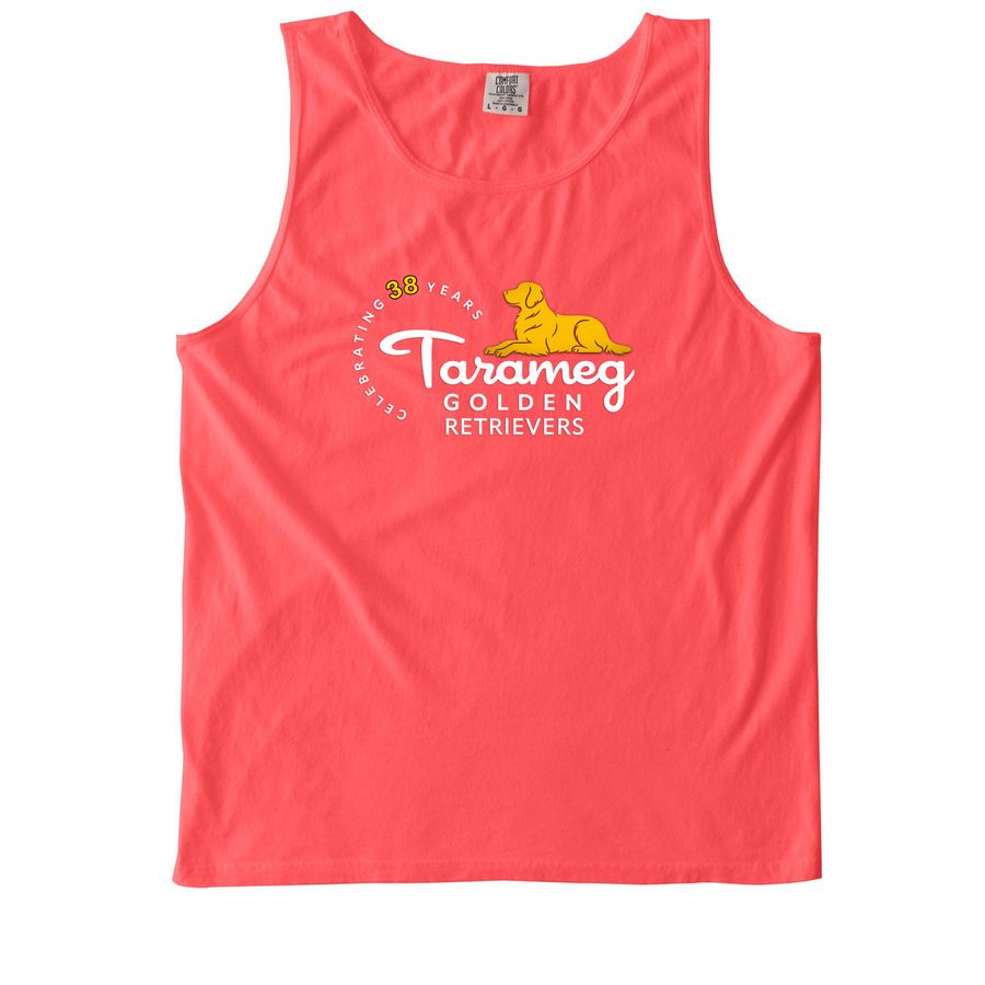 Tarameg 38 Years White Logo Tanktop, a Neon Red Orange Comfort Colors Tank Top