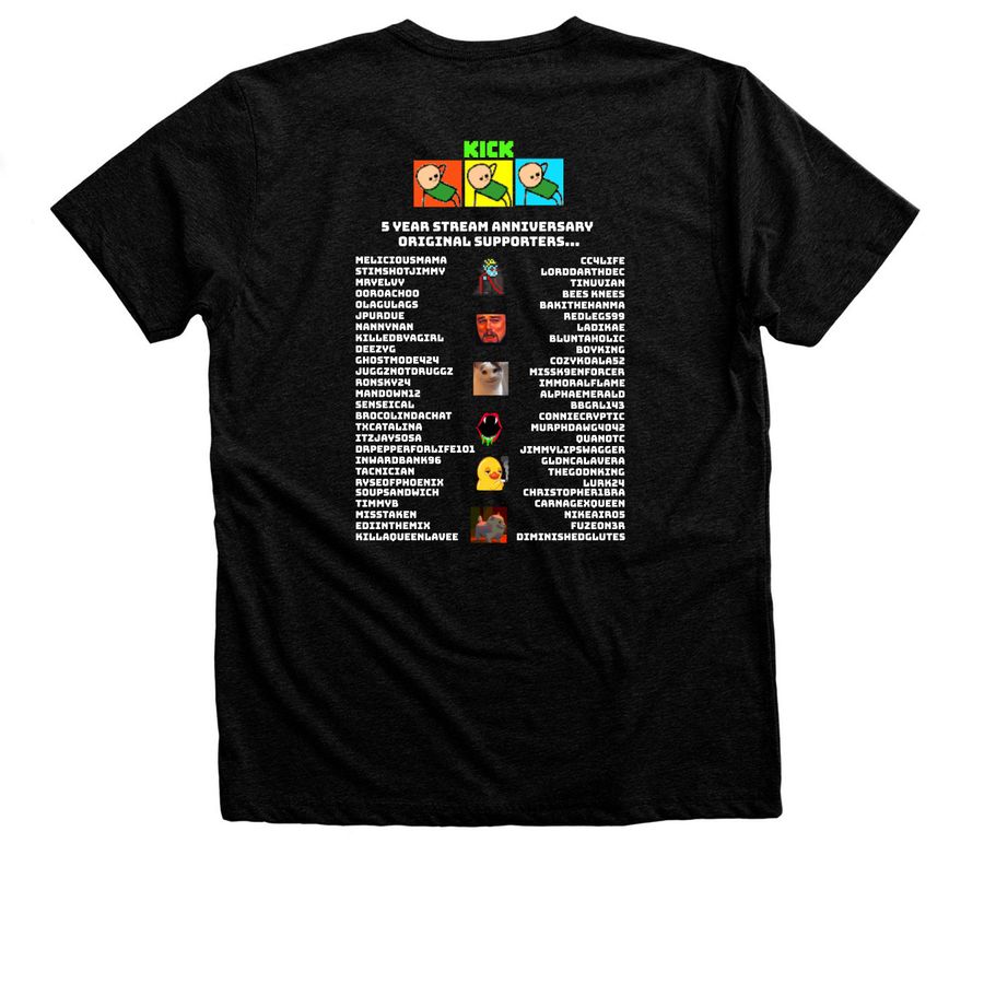 5 Year Streaming Anniversary Tshirt, a Black Heather Premium Unisex Tee (back-view)