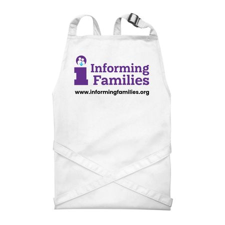 Informing Families Apron Logo, a White Recycled Bib Apron