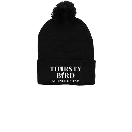 Thirsty Bird: Science on Tap Beanie, a Black Printed Pom-Pom Beanie