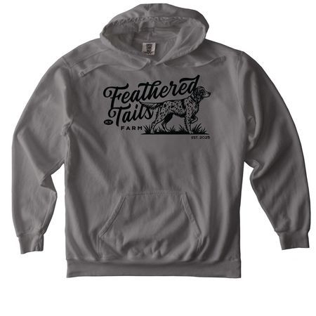 Feathered Tails Farm - Cursive, a Grey Comfort Colors Pullover Hoodie