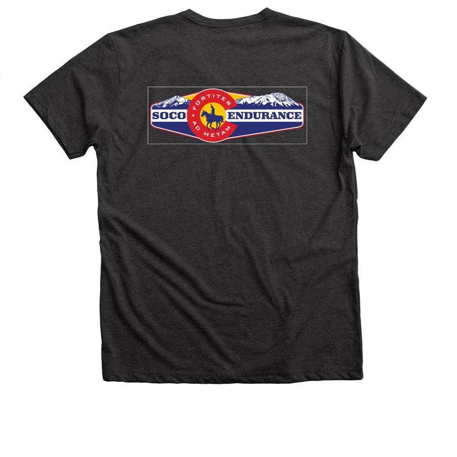 The 5 day Pioneer, a Dark Grey Heather Premium V-Neck Tee (back-view)