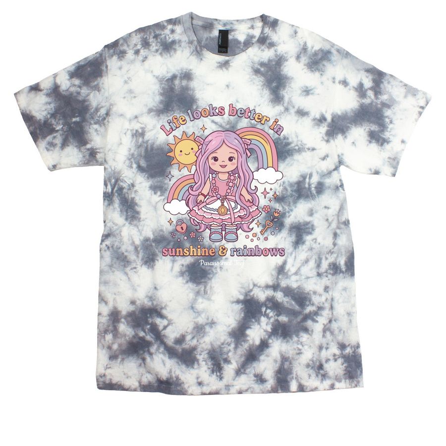 Life Looks Better in Sunshine & Rainbows, a Grey Crystal Tie Dye Tee