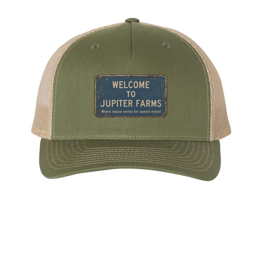 Welcome to Jupiter Farms, a Army Olive Green/ Tan Printed Five-Panel Trucker Cap