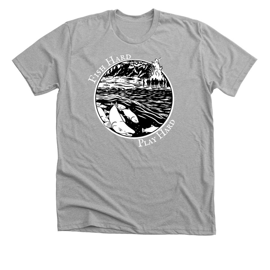 Fish Hard, Play Hard, a Athletic Heather Premium Unisex Tee