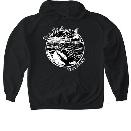 Fish Hard, Play Hard, a Black Gildan Softstyle Pullover Hoodie