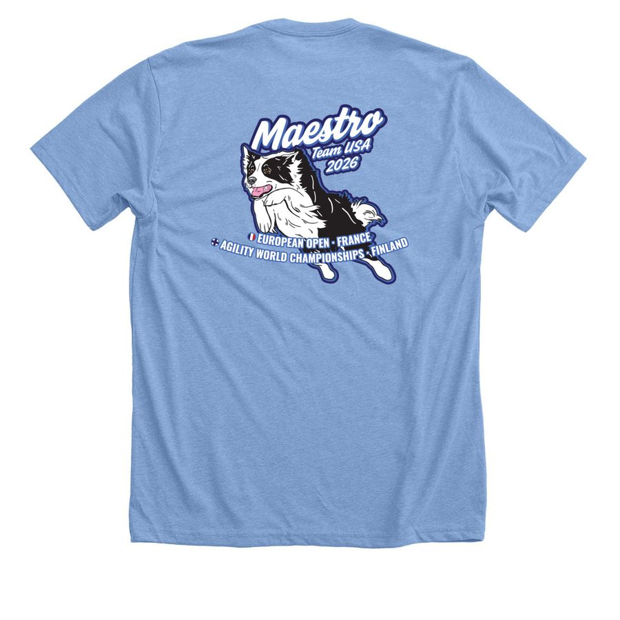 Team Maestro - EO/AWC 2026 Supporter, a Heather Carolina Blue Premium Unisex Tee (back-view)