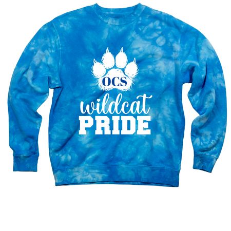 Wildcat Pride Tie Dye Tops-white printing, a Aqua Blue Tie Dye Crewneck Sweatshirt