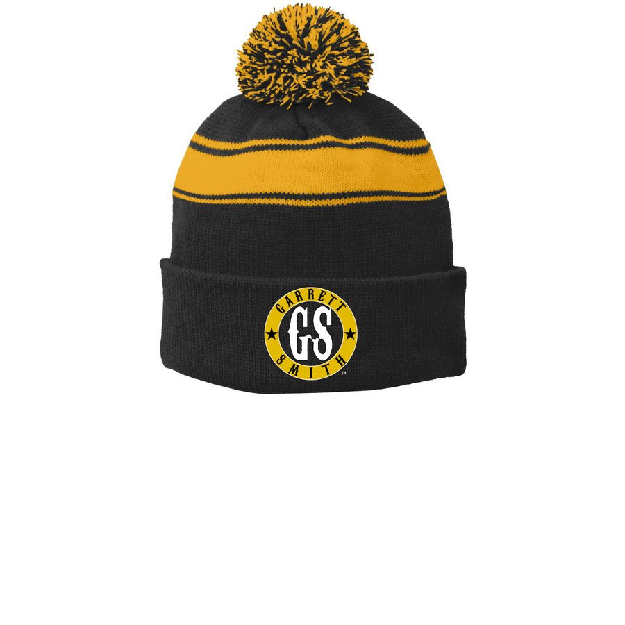 Classic GS Logo Hats, a Black/ Gold Printed Stripe Pom-Pom Beanie