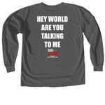 SUGARBOXX ?HEY WORLD? TEE, a Pepper Comfort Colors Long Sleeve Tee (back-view)