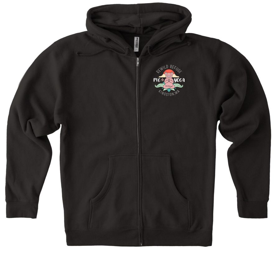 Pig Yoga Zip-Ups Campaign, a Black Heavyweight Zip Up Hoodie