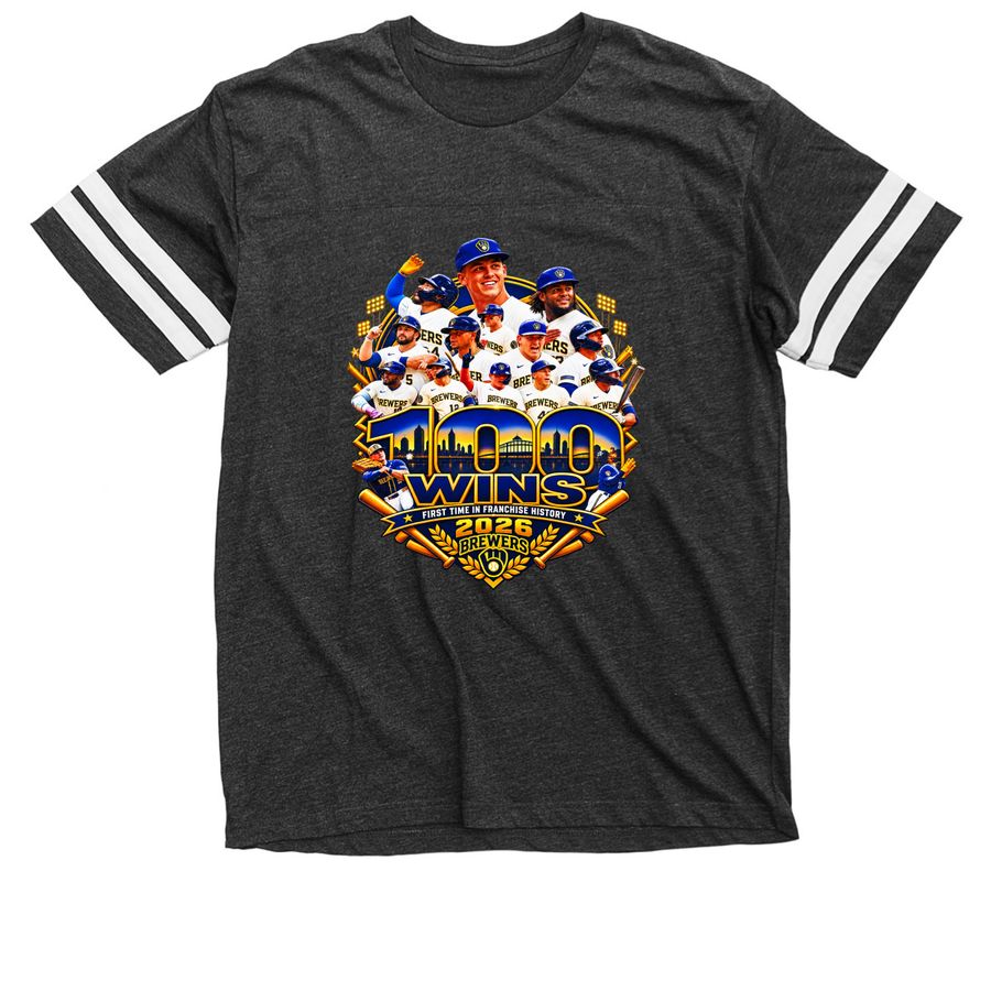 Milwaukee Brewers 100 Wins 2026 first time in, a Vintage Smoke / White Football Jersey Tee