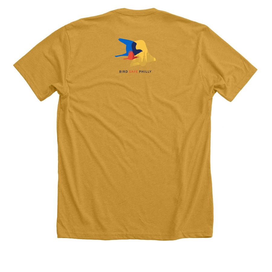 Bird Safe Schools, a Heather Mustard Premium Unisex Tee (back-view)