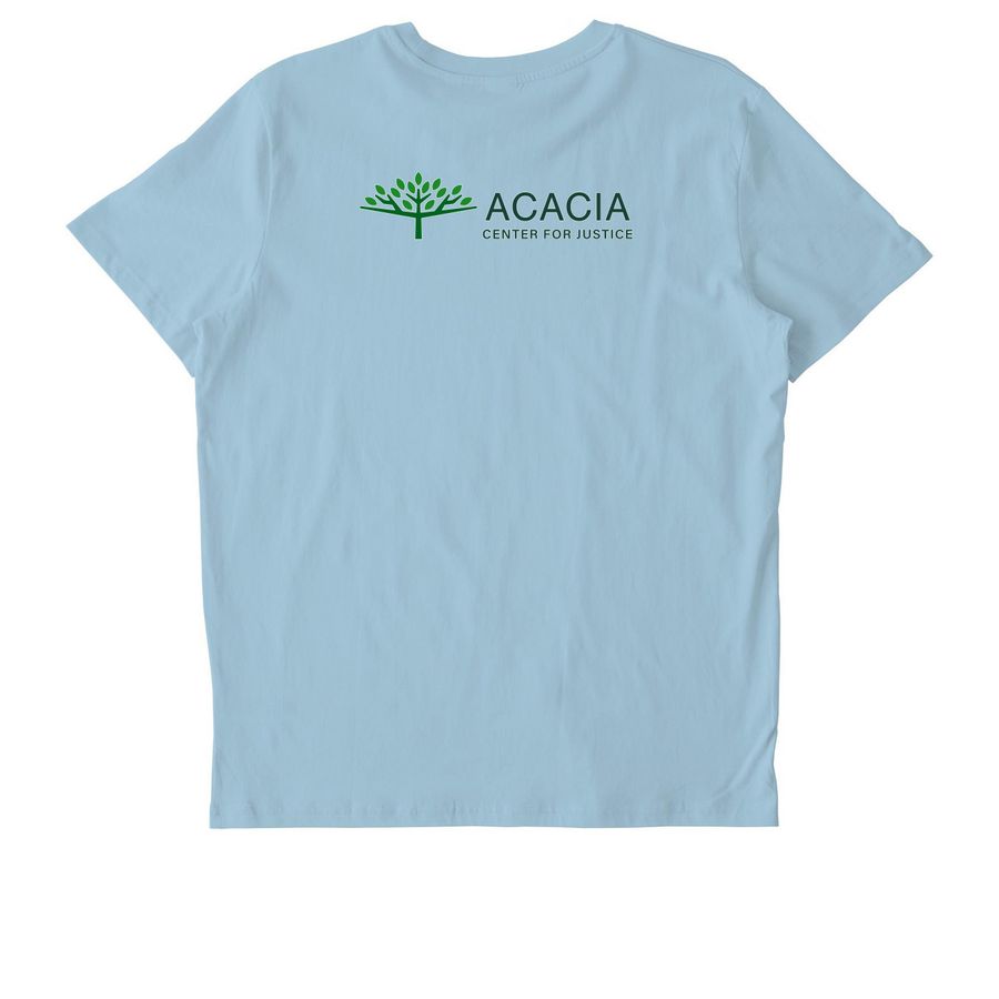 Arabic: We are a nation of many roots, a Sky Blue Stanley/Stella Unisex Crafter Tee (back-view)