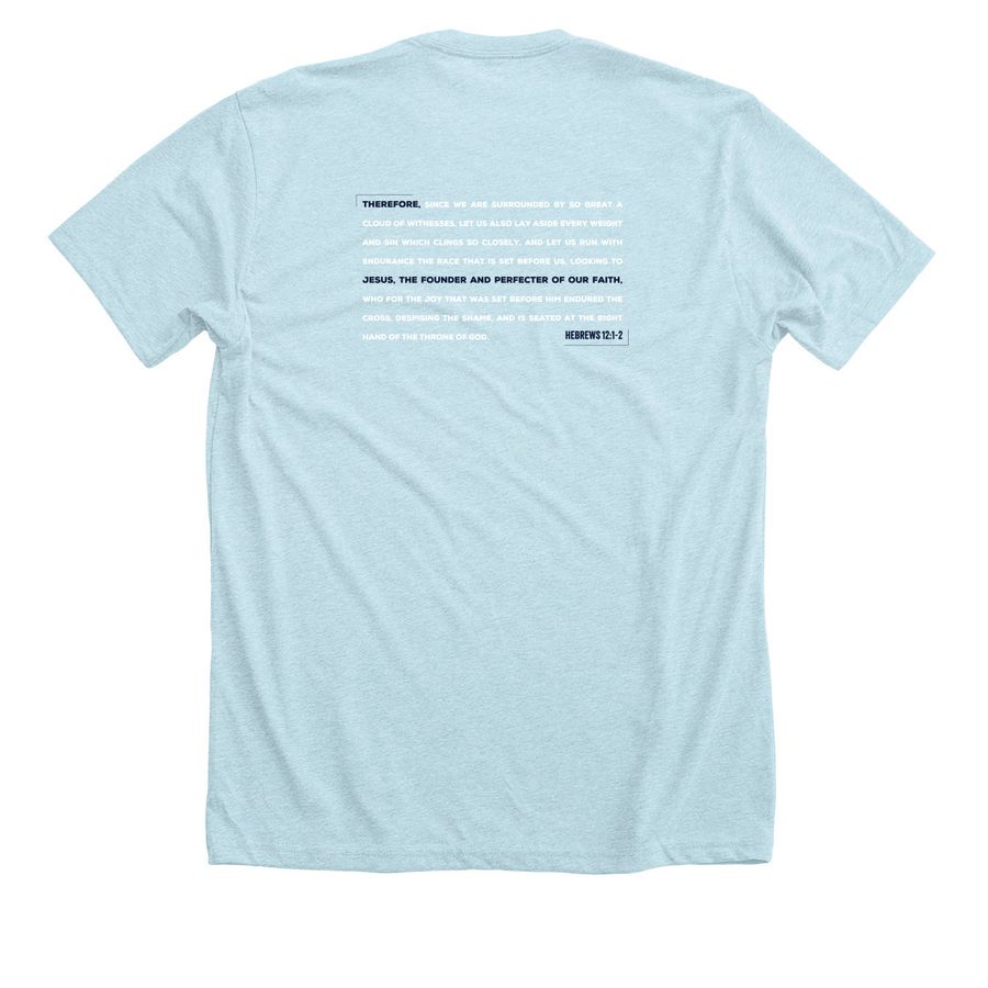 Steadfast in Purpose-light, a Heather Ice Blue Premium Unisex Tee (back-view)