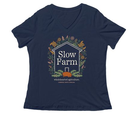 Slow, Wholehearted Agriculture., a Navy Women's Relaxed V-Neck Tee