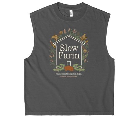 Slow, Wholehearted Agriculture., a Faded Black Heavyweight Garment Dye Muscle Tee