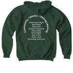 Indiana Free Library Logo (Front & Back), a Forest Green Youth Pullover Hoodie (back-view)