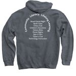 Indiana Free Library Logo (Front & Back), a Dark Heather Pullover Hoodie (back-view)