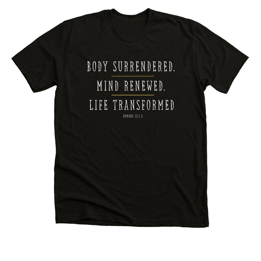 Romans 12:1-2 White Font, a Black Heather Premium Unisex Tee