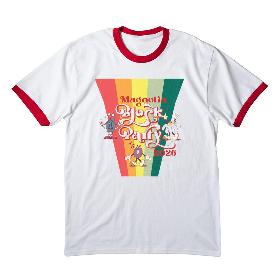 Adult/Youth- 5200 Magnolia Block Party 2026, a White/ Red Cotton Ringer Tee