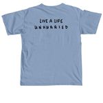 live a life unhurried, a Washed Denim Comfort Colors Unisex Tee (back-view)