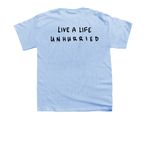 live a life unhurried, a Light Blue Youth Unisex Tee (back-view)