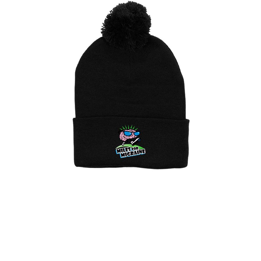 Miles for Migraine Pom-Pom Beanie&nbsp;, a Black Printed Pom-Pom Beanie