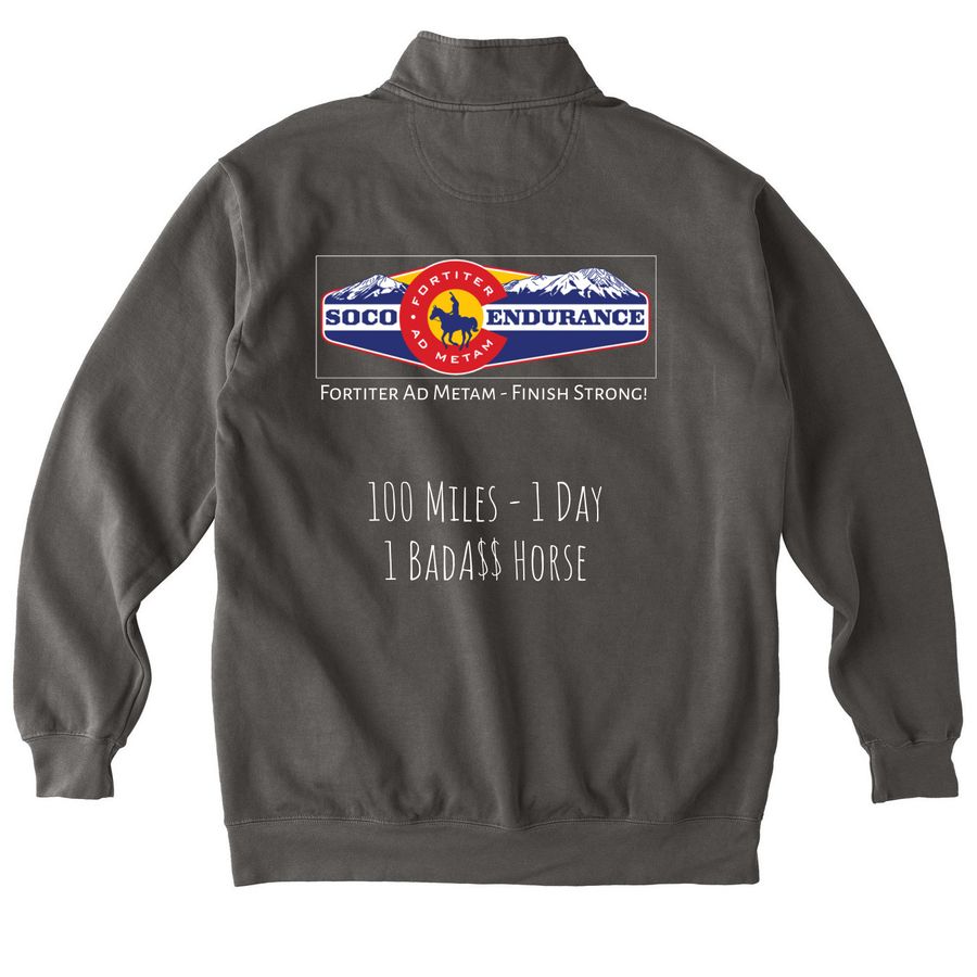 The Wahatoya Cup, a Pepper Comfort Colors Quarter Zip Pullover (back-view)
