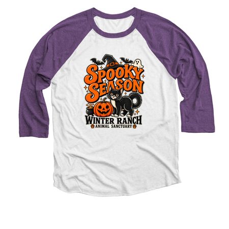 Spooky Season, a Purple Rush and Heather White 3/4 Sleeve Baseball Tee