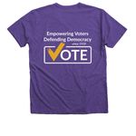 LWVLA - Defending Democracy (checkmark), a Purple Rush Premium V-Neck Tee (back-view)