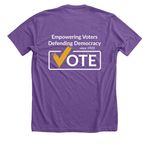 LWVLA - Defending Democracy (checkmark), a Heather Team Purple Premium Unisex Tee (back-view)