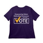 LWVLA - Defending Democracy (checkmark), a Team Purple Women?s Relaxed Cotton Tee (back-view)