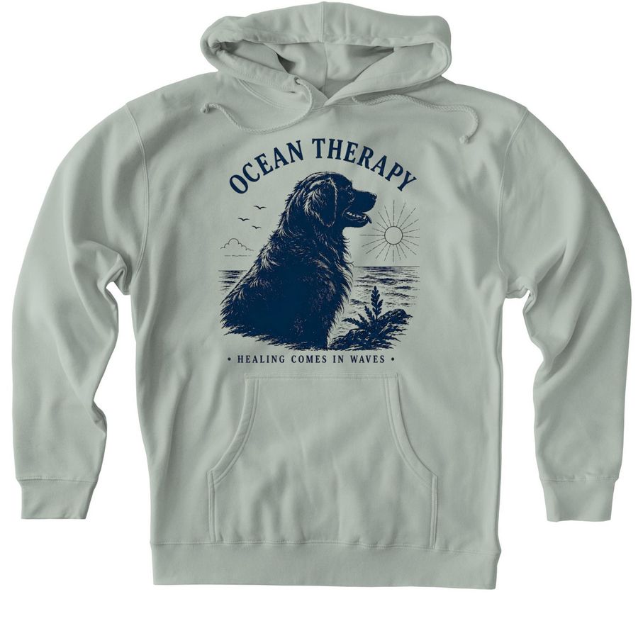 Ocean Therapy Tee, a Dusty Sage Heavyweight Pullover Hoodie